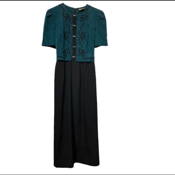 80s Miss Dorby DressTie Back Midi Black Green striped short sleeves size 10 - Picture 7 of 15